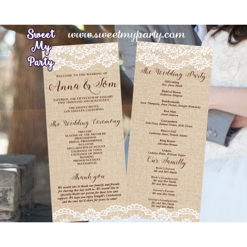 Rustic Wedding Program card tea length, Lace Burlap Wedding program tea length,(029w) 
